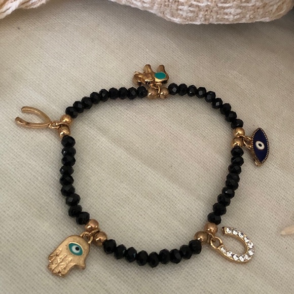 Faceted black Swarovski crystal Good Luck Charm Bracelet Hamsa Evil Eye - Picture 9 of 16